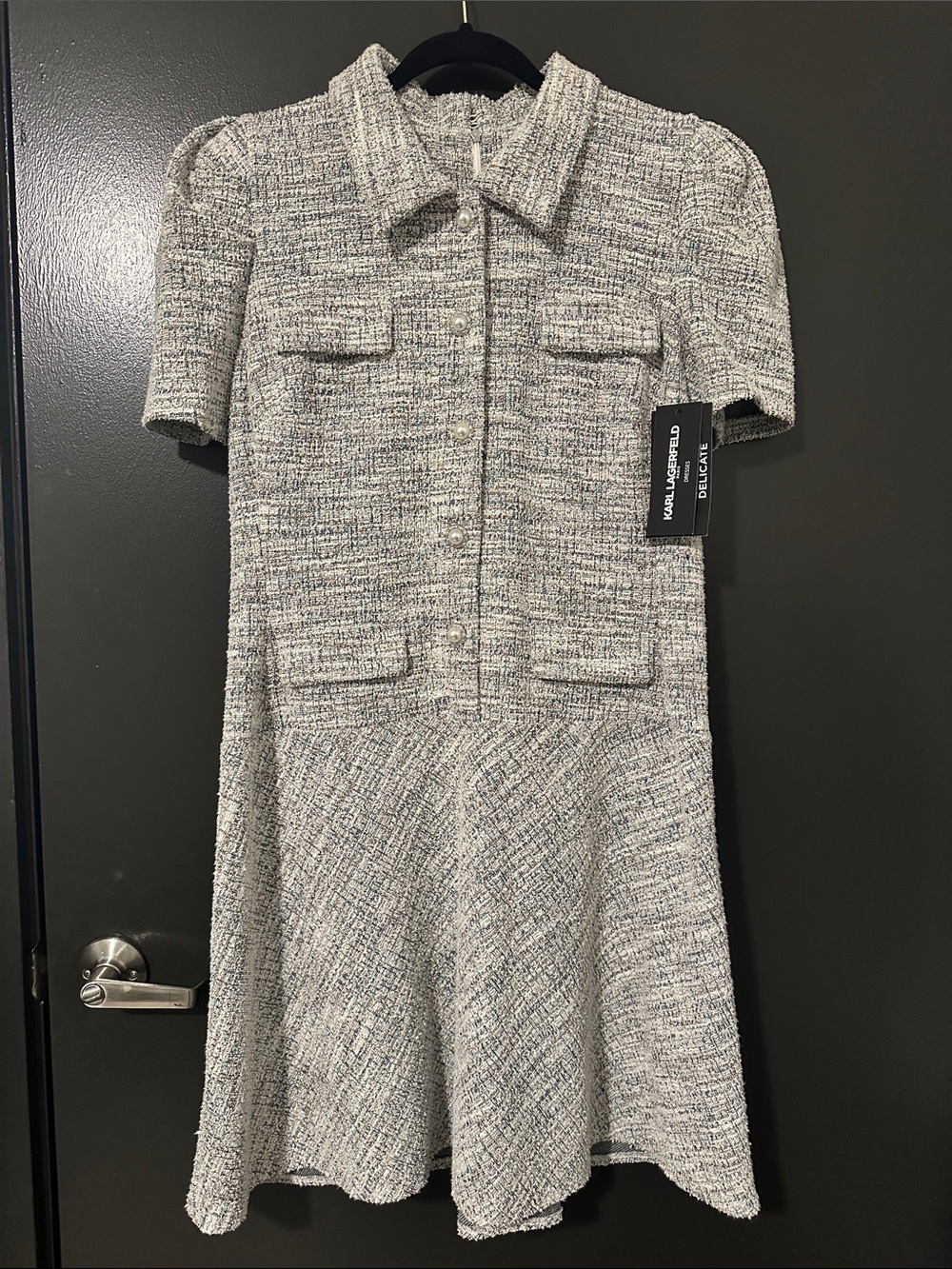 Karl Lagerfeld Gray and Blue Tweed Fit-and-Flare Midi Dress